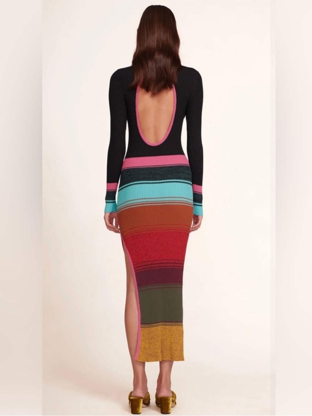 STAUD Black Ribbed Maxi Dress with Pink Trim and Teal Stripe